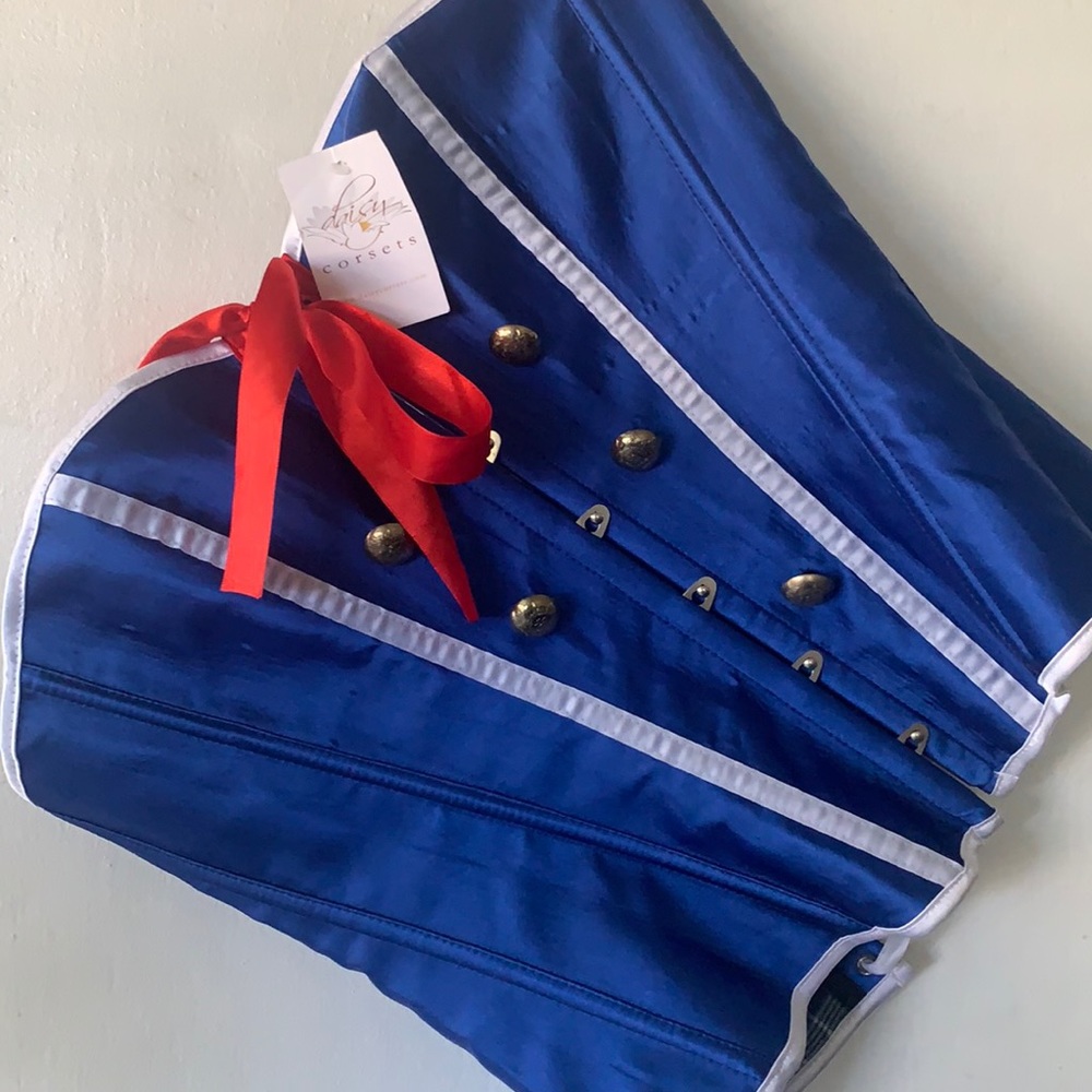 Daisy Corsets Royal Blue Satin Corset with White Trim and Red Ribbon